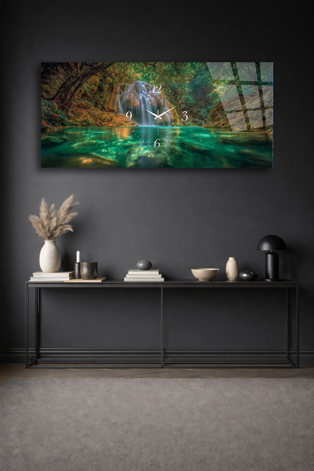 KIRILMAZ CAM DUVAR SAATİ , HEM TABLO HEM SAAT ŞELALE DOĞA MANZARASI EV OFİS HEDİYESİ