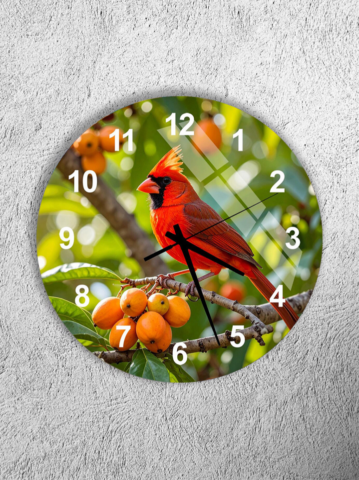 KIRILMAZ CAM DUVAR SAATİ , HEM TABLO HEM SAAT KIRMIZI KARDİNAL KUŞU DOĞA TASARIM EV OFİS HEDİYESİ