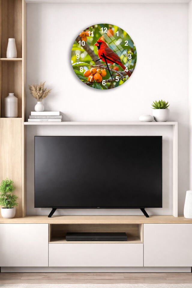 KIRILMAZ CAM DUVAR SAATİ , HEM TABLO HEM SAAT KIRMIZI KARDİNAL KUŞU DOĞA TASARIM EV OFİS HEDİYESİ