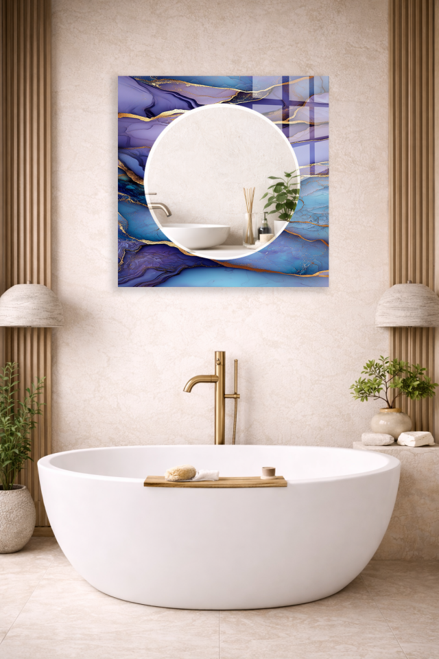 HEM TABLO HEM AYNA MAVİ MERMER DOKULU MODERN TASARIM CAM DUVAR AYNASI EV DEKORU