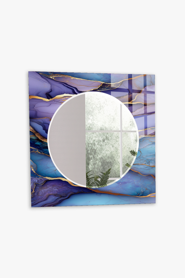 HEM TABLO HEM AYNA MAVİ MERMER DOKULU MODERN TASARIM CAM DUVAR AYNASI EV DEKORU