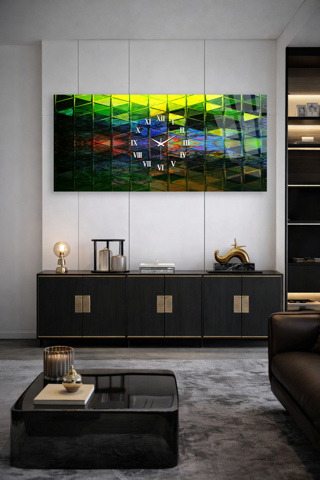 KIRILMAZ CAM DUVAR SAATİ , HEM TABLO HEM SAAT MODERN GEOMETRİK YEŞİL TASARIM EV OFİS HEDİYESİ