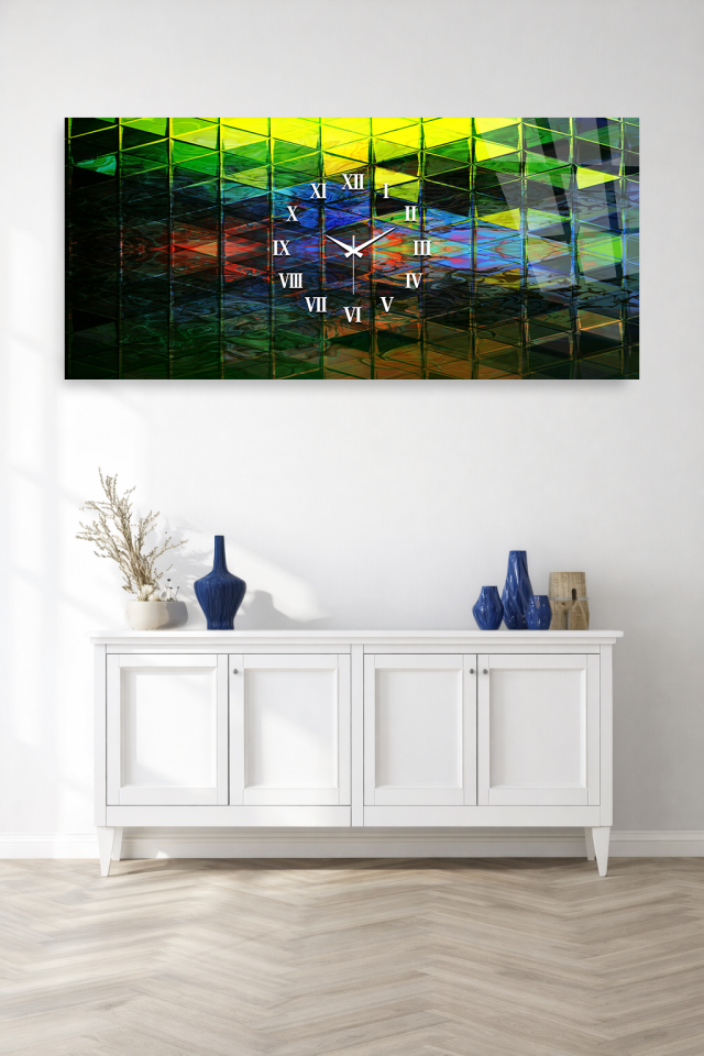 KIRILMAZ CAM DUVAR SAATİ , HEM TABLO HEM SAAT MODERN GEOMETRİK YEŞİL TASARIM EV OFİS HEDİYESİ