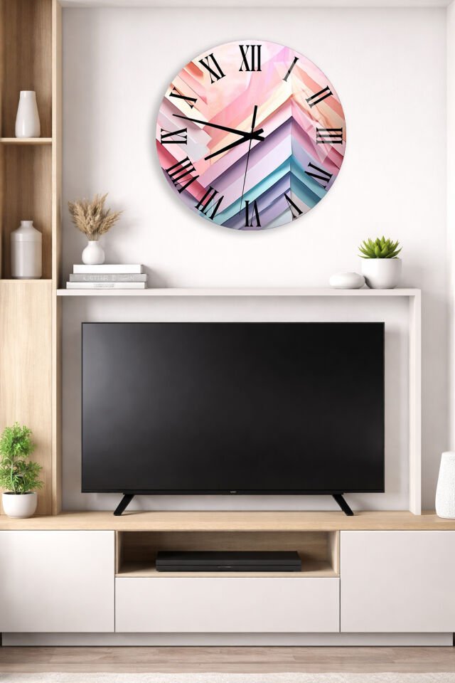 KIRILMAZ CAM DUVAR SAATİ, HEM TABLO HEM SAAT PASTEL GEOMETRİK KATMAN DESEN MODERN TASARIM EV OFİS HEDİYESİ