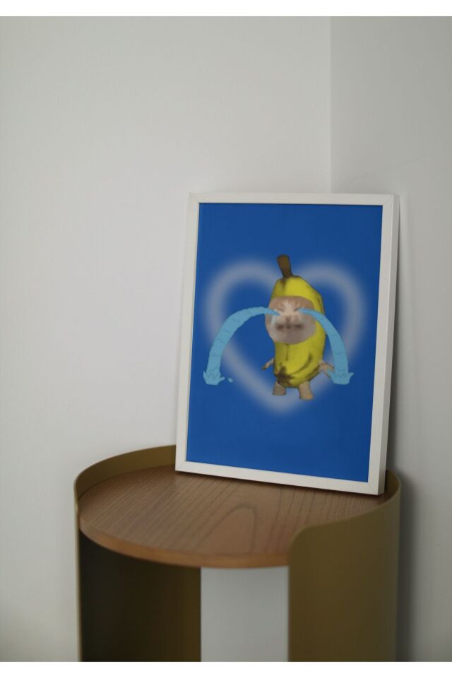 Çok Renkli - Happy Happy Cat Banana Cat Dekorasyon Çerçeveli Tasarım Poster Tablo