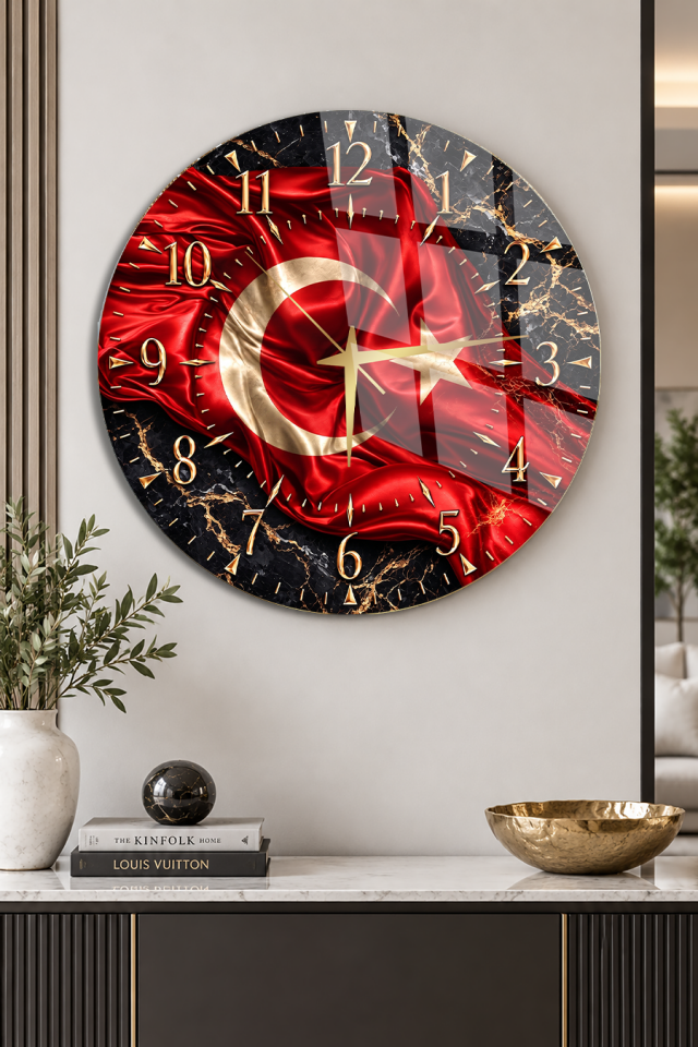 YUVARLAK KIRILMAZ CAM DUVAR SAATİ, HEM TABLO HEM SAAT TÜRK BAYRAĞI MERMER DESENLİ EV OFİS HEDİYESİ
