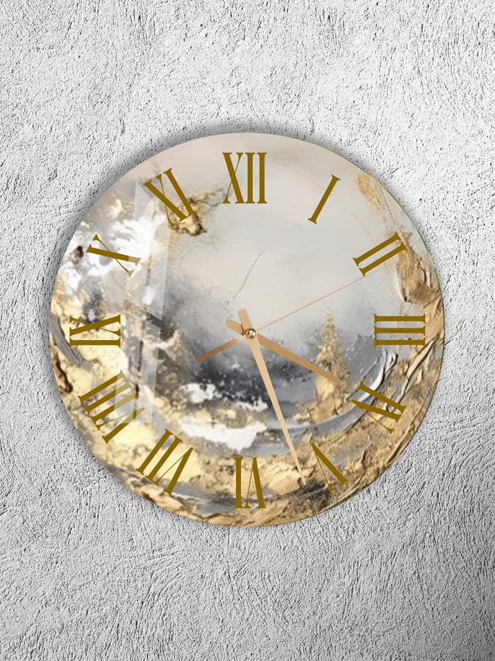 KIRILMAZ CAM DUVAR SAATİ , HEM TABLO HEM SAAT BEJ ALTIN TONLU SOYUT MERMER TASARIM EV OFİS HEDİYESİ