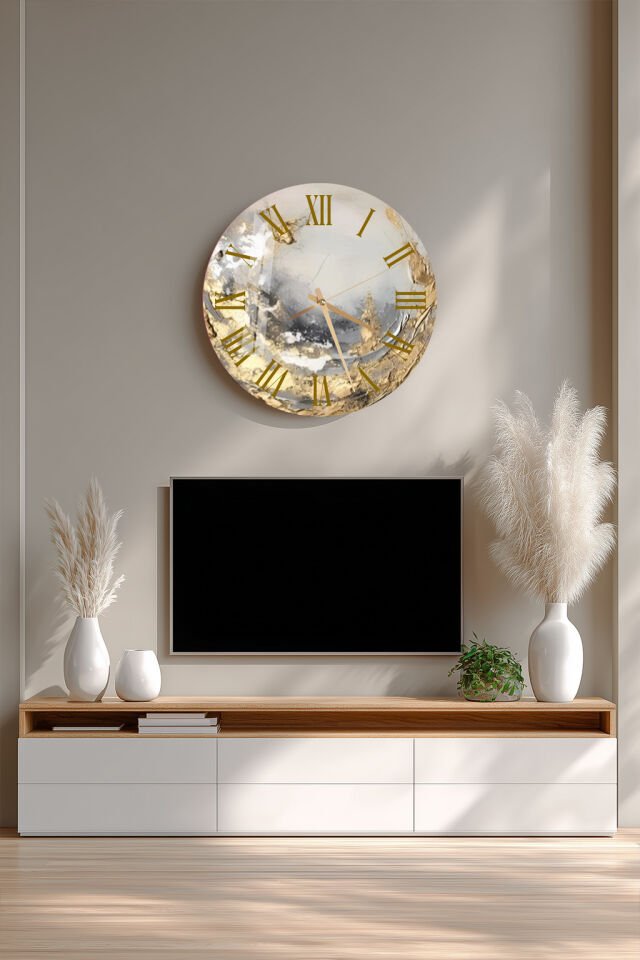 KIRILMAZ CAM DUVAR SAATİ , HEM TABLO HEM SAAT BEJ ALTIN TONLU SOYUT MERMER TASARIM EV OFİS HEDİYESİ