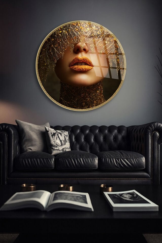 KIRILMAZ CAM TABLO , MODERN DUVAR DEKORU ALTIN DUDAK MASKELİ KADIN SANAT EV OFİS HEDİYESİ