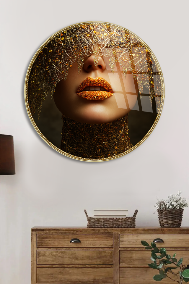 KIRILMAZ CAM TABLO , MODERN DUVAR DEKORU ALTIN DUDAK MASKELİ KADIN SANAT EV OFİS HEDİYESİ