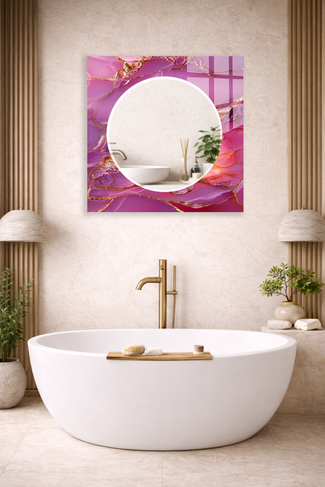 HEM TABLO HEM AYNA PEMBE MERMER EFEKTLİ LÜKS TASARIM CAM DUVAR AYNASI EV DEKORU