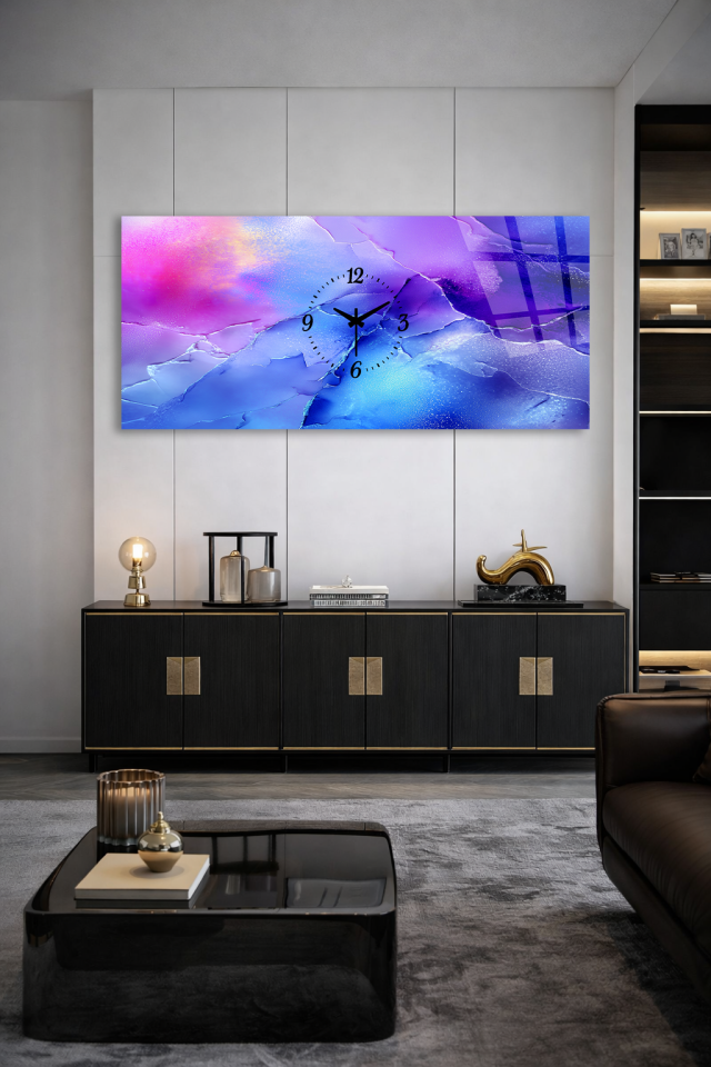 KIRILMAZ CAM DUVAR SAATİ , HEM TABLO HEM SAAT MOR MAVİ SOYUT DOKU EV OFİS HEDİYESİ