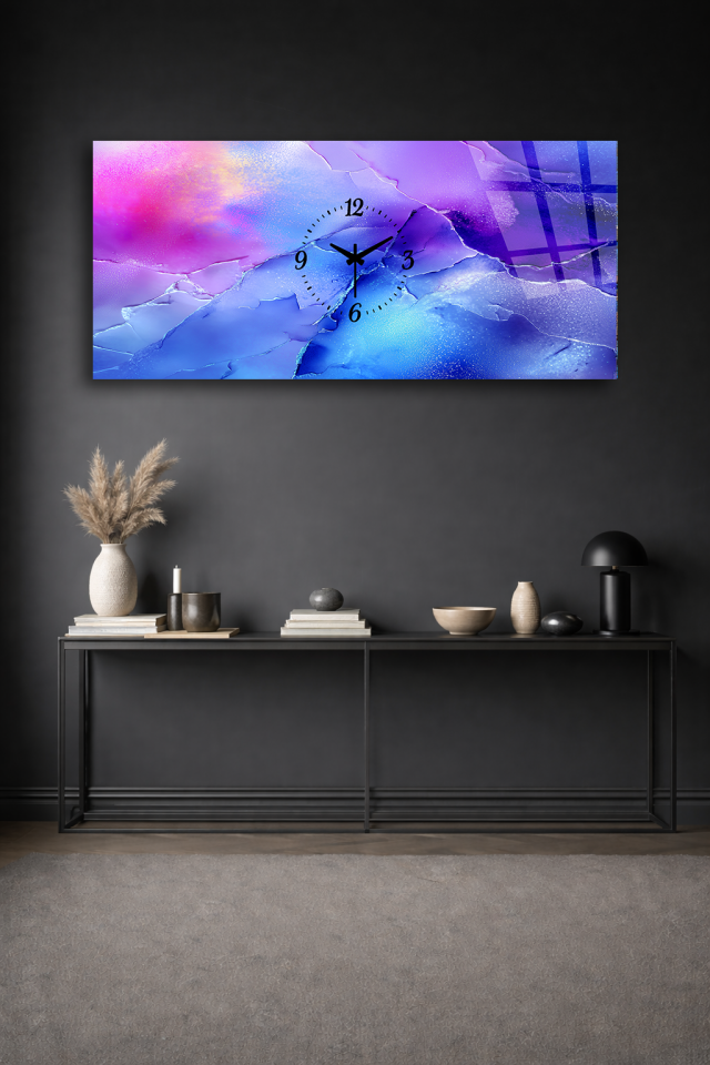 KIRILMAZ CAM DUVAR SAATİ , HEM TABLO HEM SAAT MOR MAVİ SOYUT DOKU EV OFİS HEDİYESİ