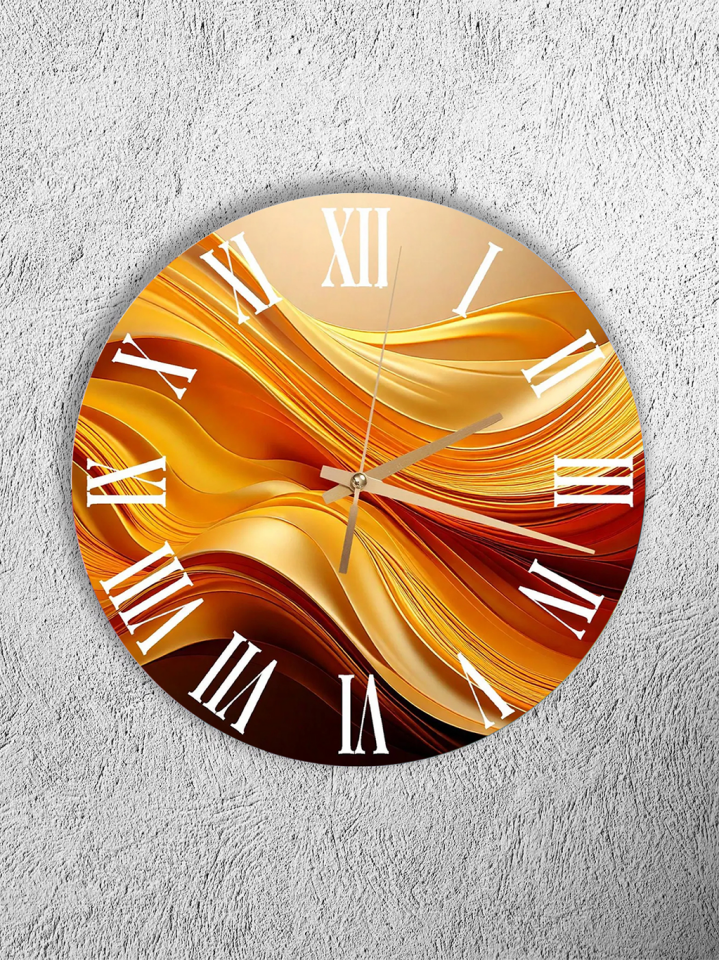 KIRILMAZ CAM DUVAR SAATİ, HEM TABLO HEM SAAT ALTIN TON SOYUT DALGA LÜKS TASARIM EV OFİS HEDİYESİ
