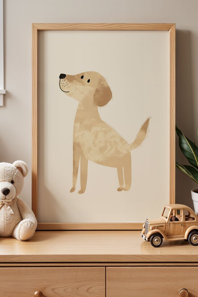 DOĞAL AHŞAP - Sevimli Köpek Çocuk Odası Ahşap Çerçeveli Duvar Tablosu