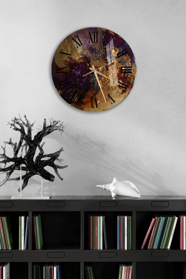 KIRILMAZ CAM DUVAR SAATİ, HEM TABLO HEM SAAT MOR ALTIN SOYUT SANAT TASARIMI EV OFİS HEDİYESİ