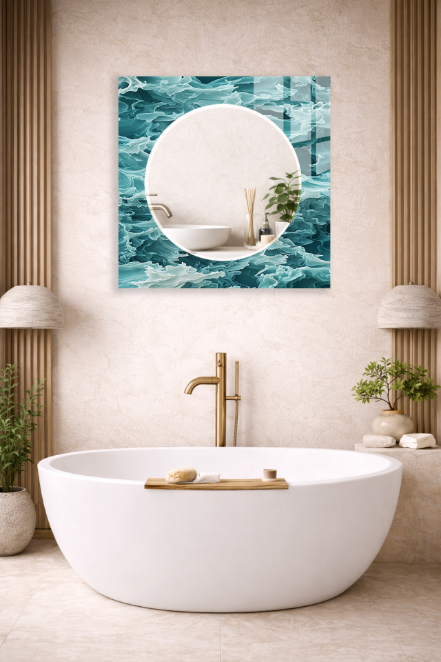 HEM TABLO HEM AYNA TURKUAZ DALGA DESENLİ FERAH TASARIM CAM DUVAR AYNASI EV DEKORU