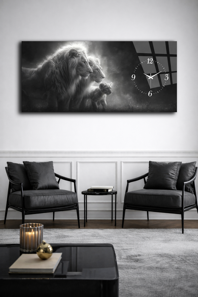 KIRILMAZ CAM DUVAR SAATİ , HEM TABLO HEM SAAT ASLAN AİLESİ GÜÇ TEMASI EV OFİS HEDİYESİ