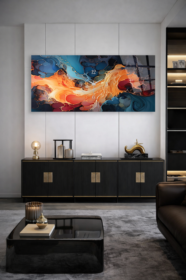 KIRILMAZ CAM DUVAR SAATİ , HEM TABLO HEM SAAT MODERN AKIŞKAN RENK SANATI EV OFİS HEDİYESİ