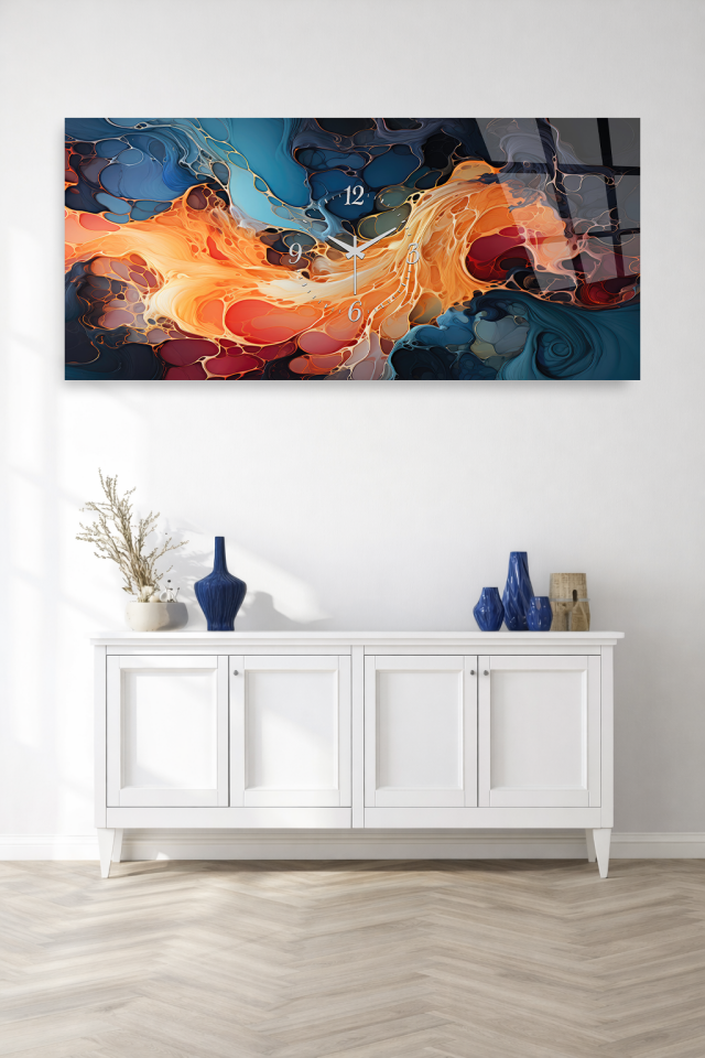 KIRILMAZ CAM DUVAR SAATİ , HEM TABLO HEM SAAT MODERN AKIŞKAN RENK SANATI EV OFİS HEDİYESİ