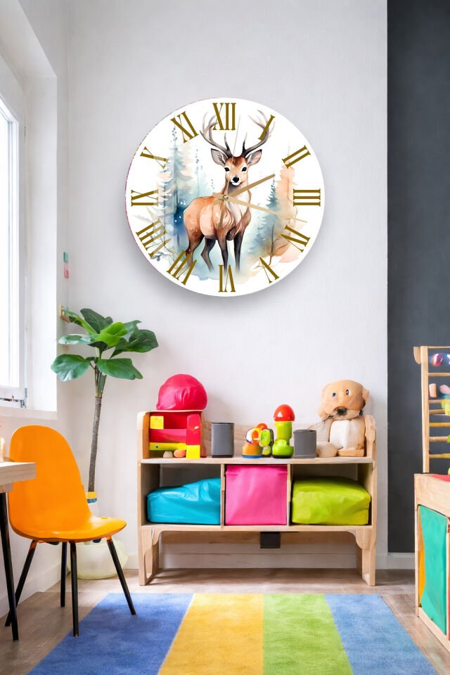 KIRILMAZ CAM DUVAR SAATİ, HEM TABLO HEM SAAT GEYİK FİGÜRLÜ ORMAN DOĞA TEMASI EV OFİS HEDİYESİ