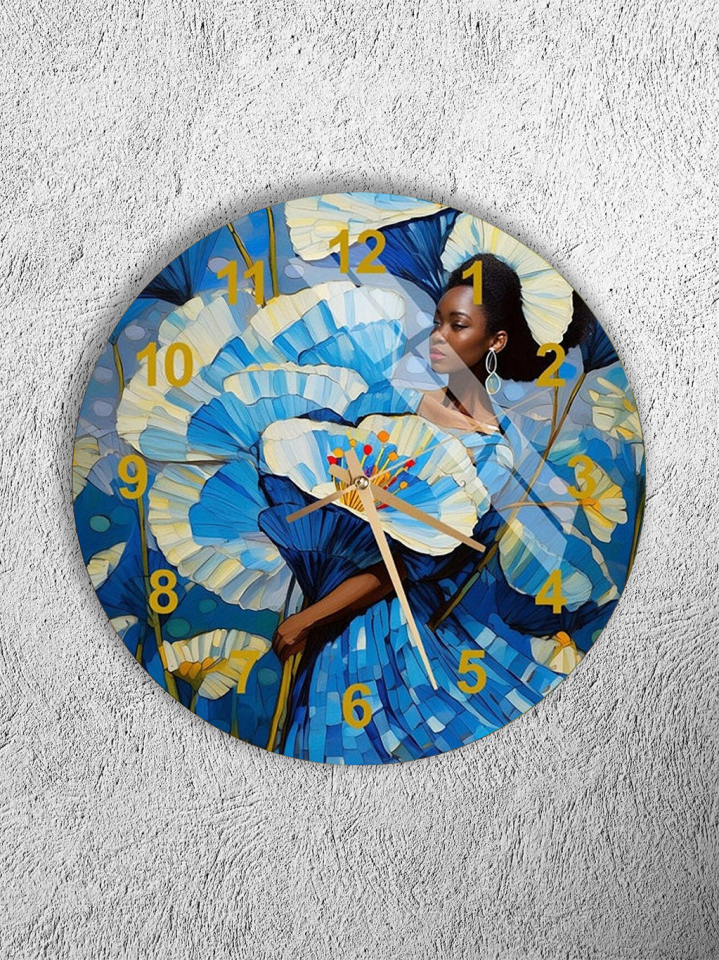 KIRILMAZ CAM DUVAR SAATİ, HEM TABLO HEM SAAT MAVİ TONLU KADIN PORTRE SANATSAL TASARIM EV OFİS HEDİYESİ