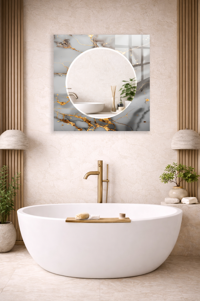 HEM TABLO HEM AYNA BEYAZ MERMER ALTIN DAMARLI ŞIK TASARIM CAM DUVAR AYNASI EV DEKORU