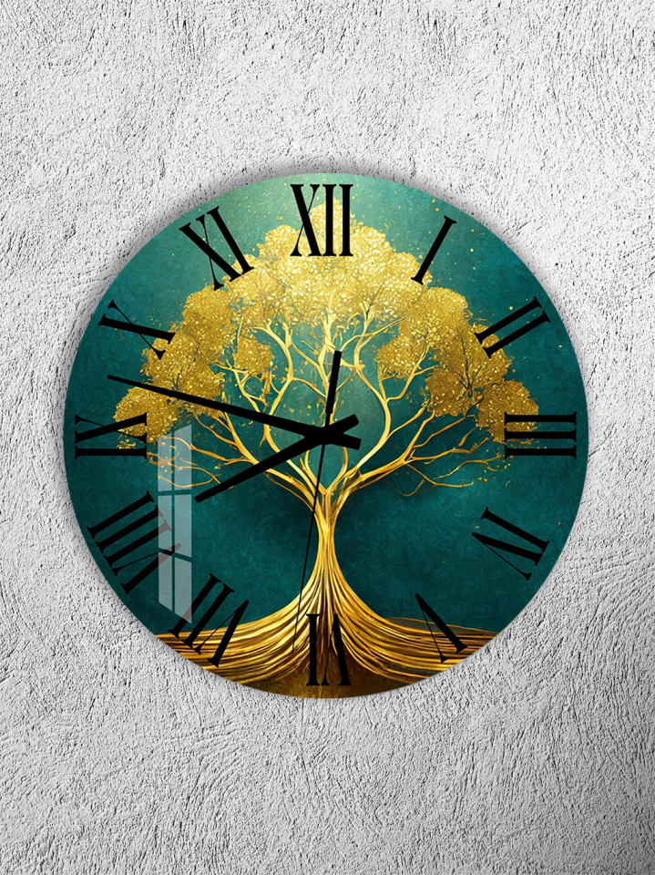 KIRILMAZ CAM DUVAR SAATİ, HEM TABLO HEM SAAT ALTIN AĞAÇ HAYAT AĞACI LÜKS TASARIM EV OFİS HEDİYESİ