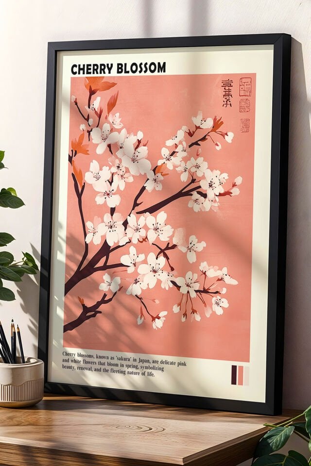 SİYAH - Kiraz Çiçeği Pembe Japon Duvar Sanatı Vintage Doğal Ahşap Çerçeveli Tablo
