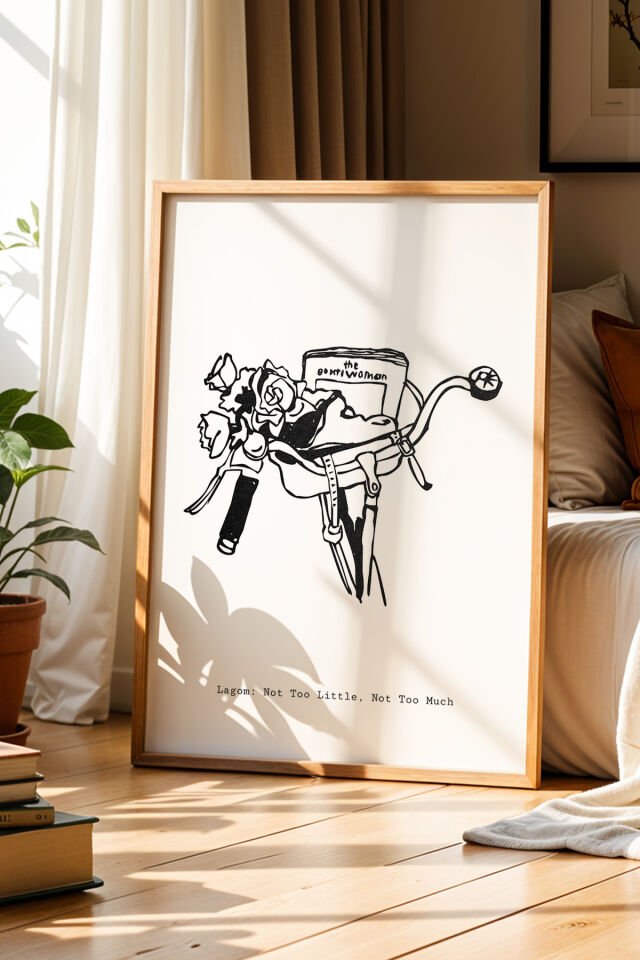 DOĞAL AHŞAP - Bisiklet Sepetinde Çiçekler Lagom Koleksiyonu Doğal Ahşap Çerçeveli Duvar Tablosu