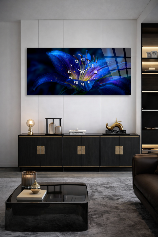 KIRILMAZ CAM DUVAR SAATİ , HEM TABLO HEM SAAT MAVİ ZAMBAK ÇİÇEK SANATI EV OFİS HEDİYESİ