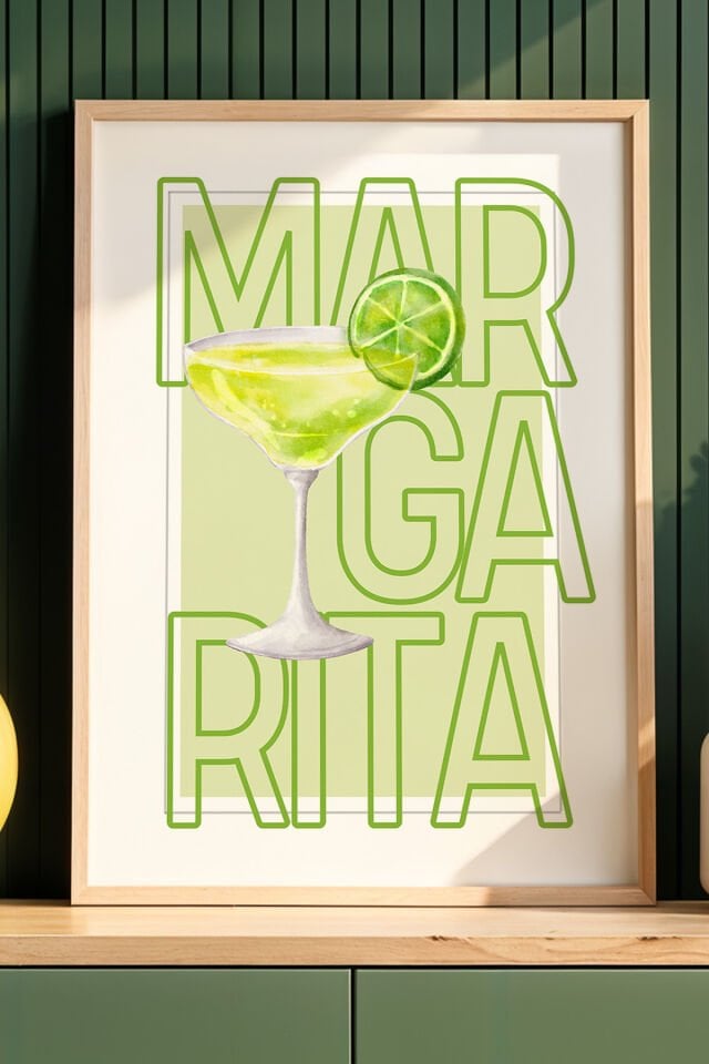 DOĞAL AHŞAP - Margarita Spritz İllüstrasyonu Mutfak Ahşap Çerçeveli Duvar Tablosu