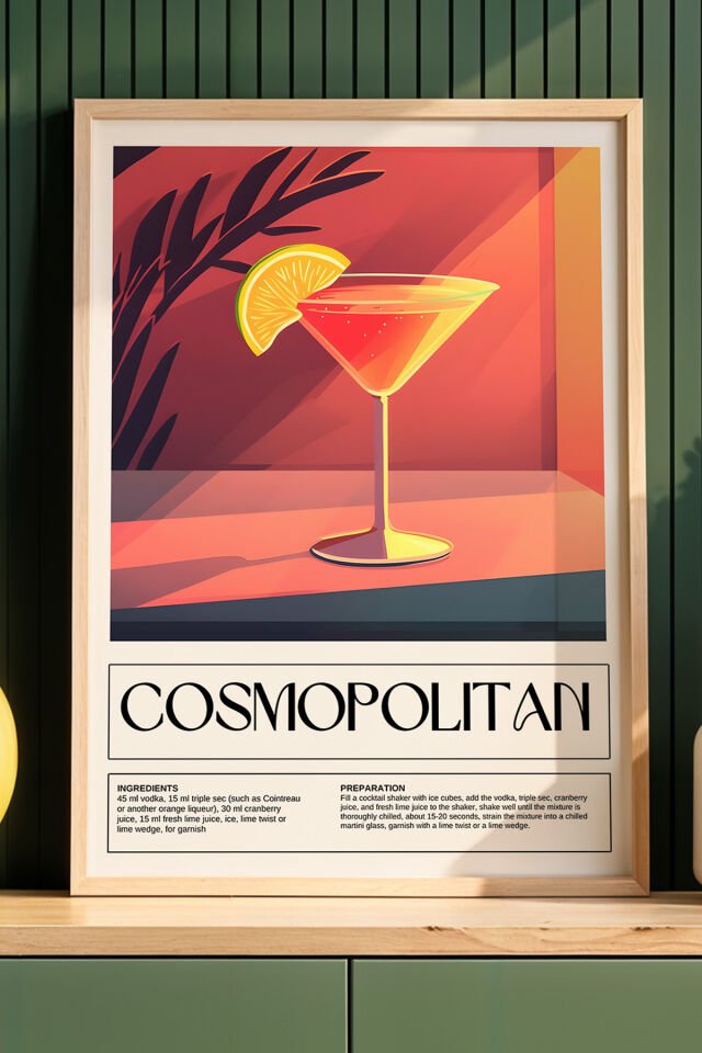 DOĞAL AHŞAP - Cosmopolitan Renkli İllüstrasyon Mutfak Ahşap Çerçeveli Duvar Tablosu