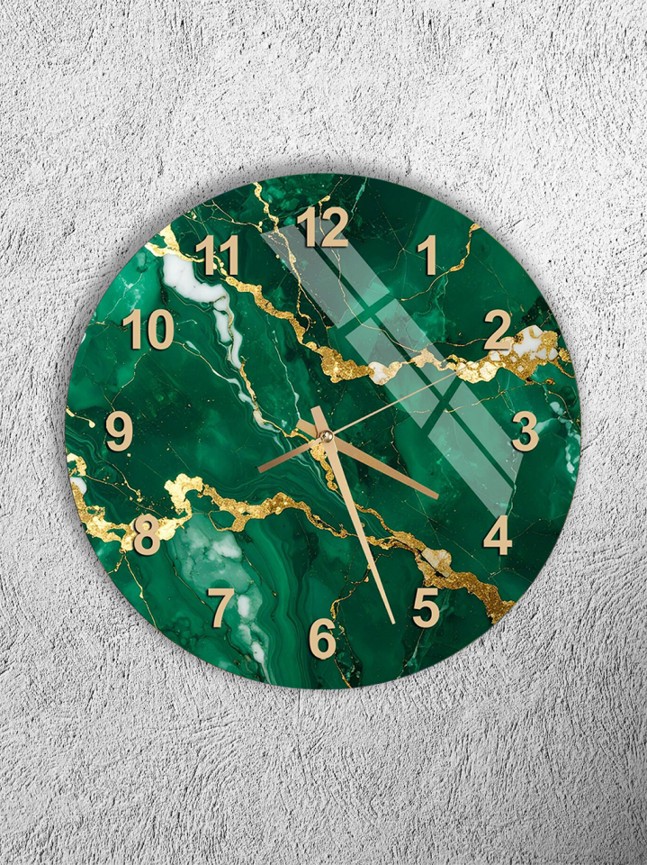 KIRILMAZ CAM DUVAR SAATİ, HEM TABLO HEM SAAT YEŞİL ALTIN MERMER DESEN LÜKS EV OFİS HEDİYESİ