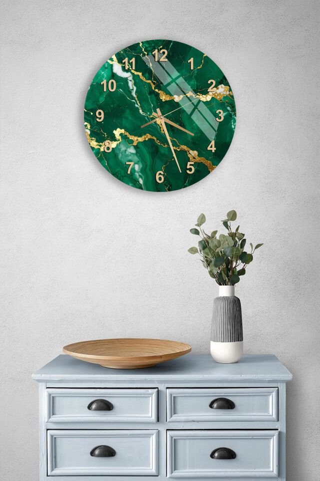 KIRILMAZ CAM DUVAR SAATİ, HEM TABLO HEM SAAT YEŞİL ALTIN MERMER DESEN LÜKS EV OFİS HEDİYESİ