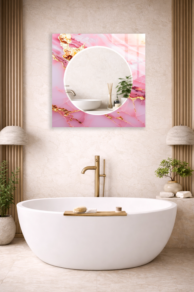 HEM TABLO HEM AYNA ROSE GOLD MERMER DESENLİ PREMIUM TASARIM CAM DUVAR AYNASI EV DEKORU