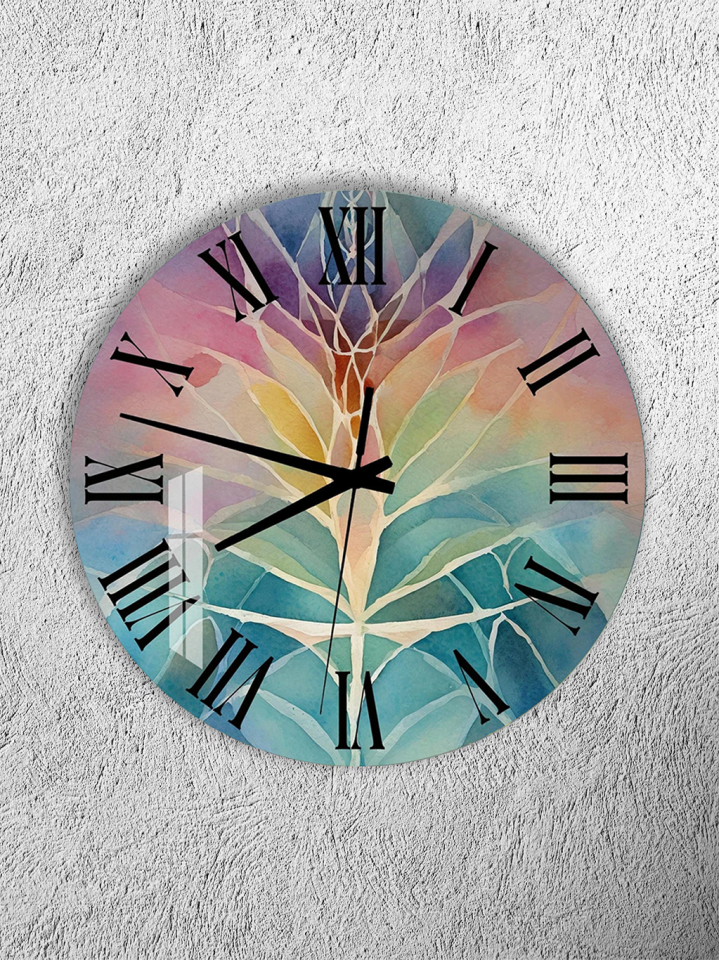 KIRILMAZ CAM DUVAR SAATİ, HEM TABLO HEM SAAT RENKLİ YAPRAK SOYUT SANAT TASARIM EV OFİS HEDİYESİ