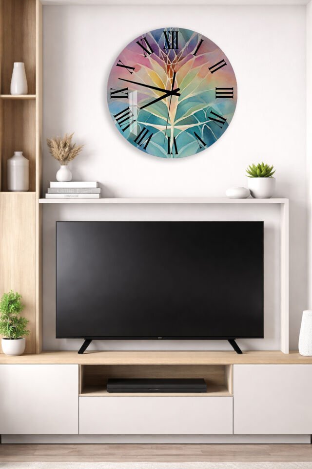 KIRILMAZ CAM DUVAR SAATİ, HEM TABLO HEM SAAT RENKLİ YAPRAK SOYUT SANAT TASARIM EV OFİS HEDİYESİ