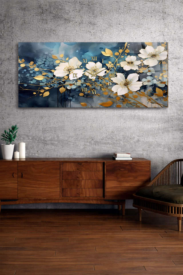 KIRILMAZ CAM DUVAR SAATİ , HEM TABLO HEM SAAT BEYAZ ALTIN ÇİÇEK DESENİ EV OFİS HEDİYESİ