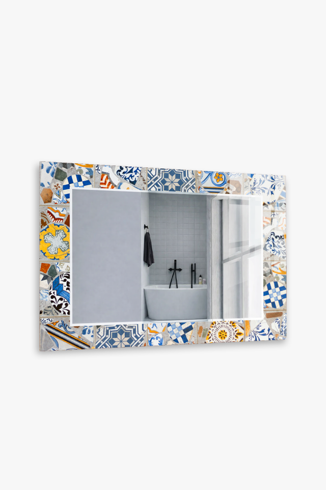 HEM TABLO HEM AYNA PATCHWORK SERAMİK DESEN CAM DUVAR AYNASI EV DEKORU