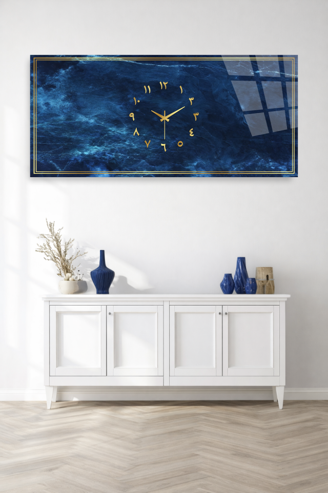KIRILMAZ CAM DUVAR SAATİ , HEM TABLO HEM SAAT LACİVERT MERMER ALTIN DETAY EV OFİS HEDİYESİ