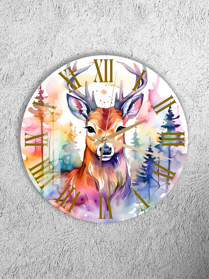 KIRILMAZ CAM DUVAR SAATİ, HEM TABLO HEM SAAT RENKLİ GEYİK SULUBOYA DOĞA TASARIM EV OFİS HEDİYESİ