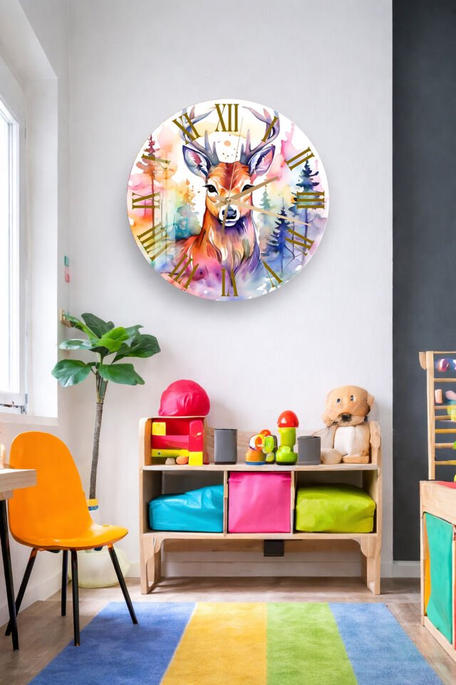 KIRILMAZ CAM DUVAR SAATİ, HEM TABLO HEM SAAT RENKLİ GEYİK SULUBOYA DOĞA TASARIM EV OFİS HEDİYESİ