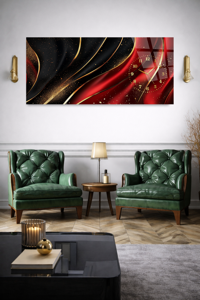 KIRILMAZ CAM DUVAR SAATİ , HEM TABLO HEM SAAT KIRMIZI SİYAH SOYUT LÜKS TASARIM EV OFİS HEDİYESİ