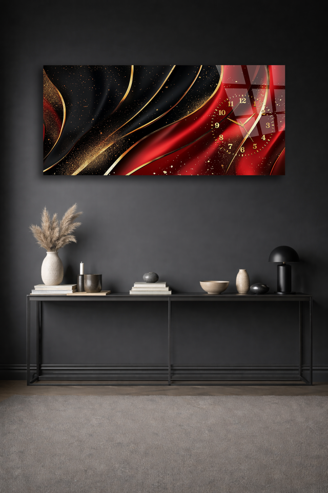 KIRILMAZ CAM DUVAR SAATİ , HEM TABLO HEM SAAT KIRMIZI SİYAH SOYUT LÜKS TASARIM EV OFİS HEDİYESİ