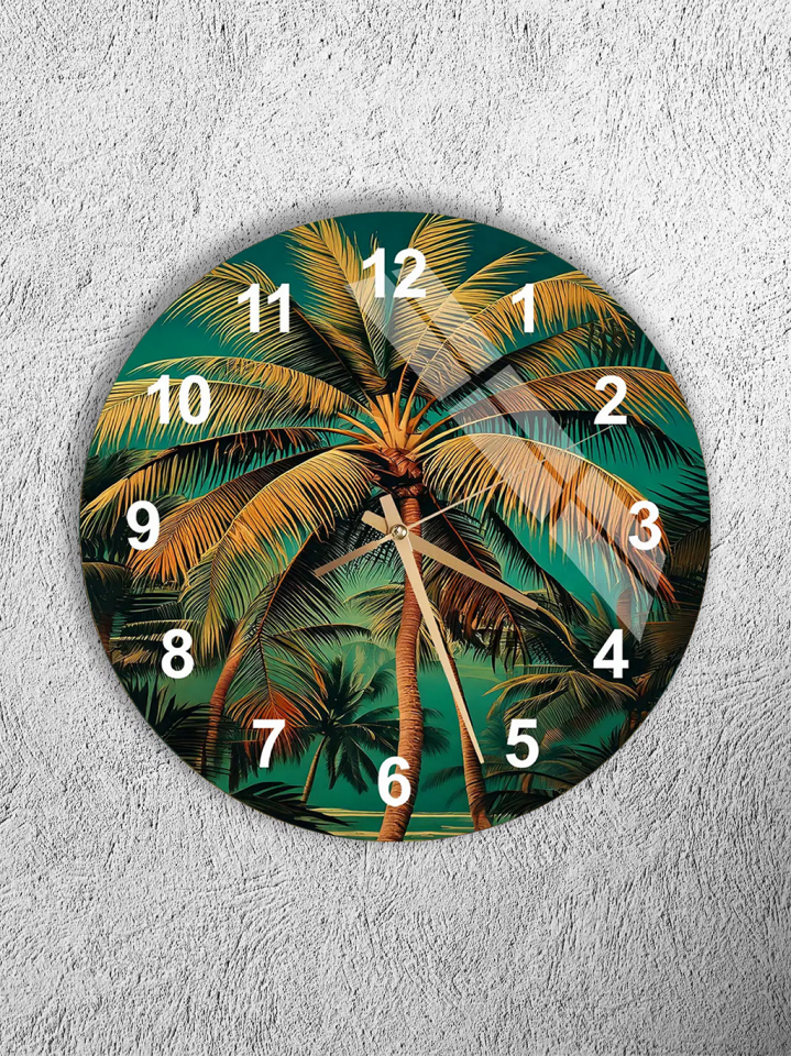 KIRILMAZ CAM DUVAR SAATİ, HEM TABLO HEM SAAT PALMİYE AĞACI DESENLİ TROPİK EV OFİS HEDİYESİ
