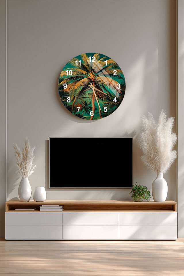 KIRILMAZ CAM DUVAR SAATİ, HEM TABLO HEM SAAT PALMİYE AĞACI DESENLİ TROPİK EV OFİS HEDİYESİ