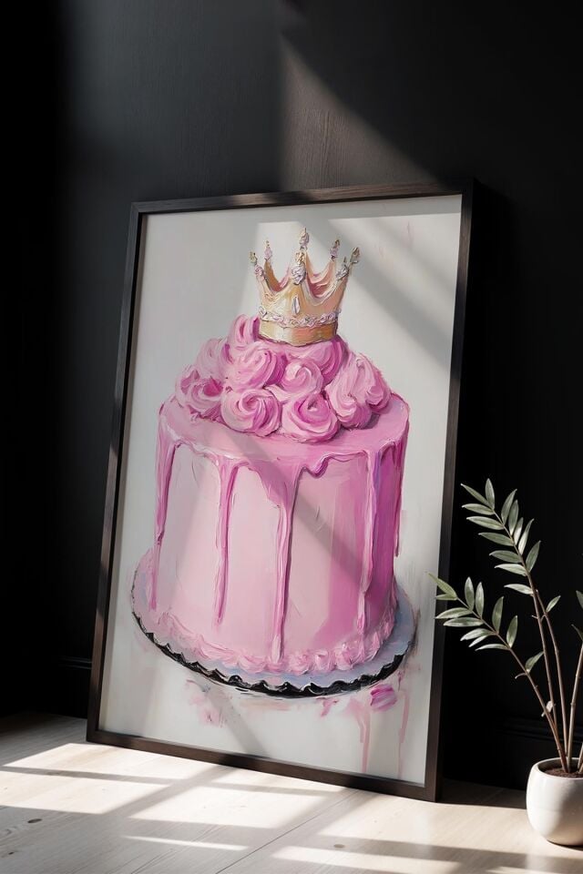 SİYAH - Doğum Günü Pastası Pembe Trendy Maksimalist Sanatı Ahşap Çerçeveli Duvar Tablosu