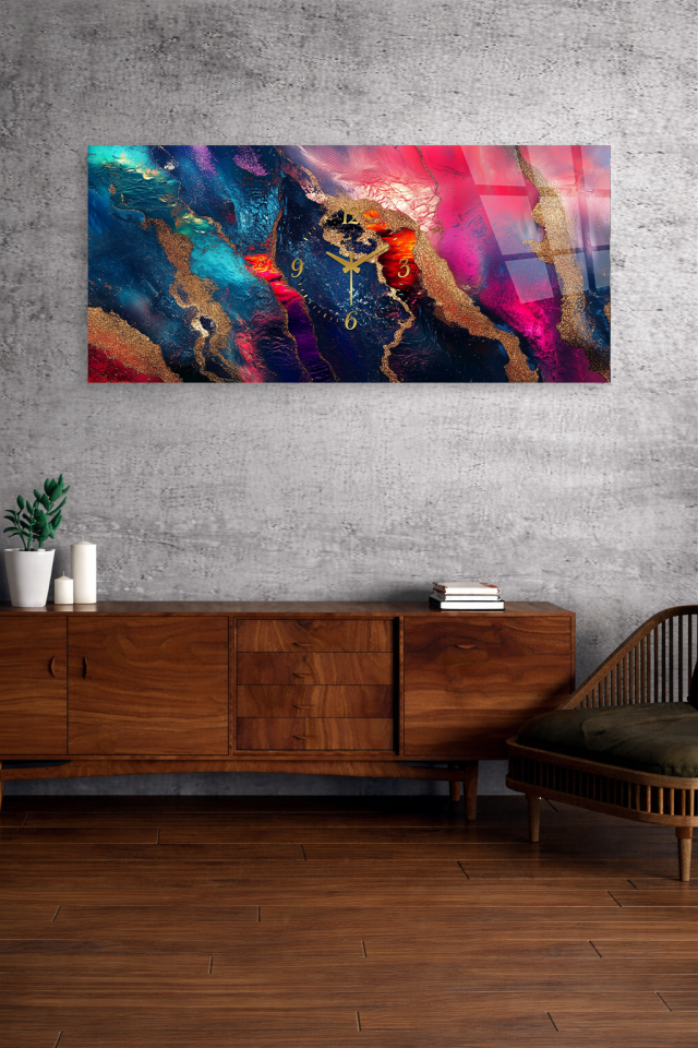 KIRILMAZ CAM DUVAR SAATİ , HEM TABLO HEM SAAT RENKLİ SOYUT ALTIN DOKU EV OFİS HEDİYESİ