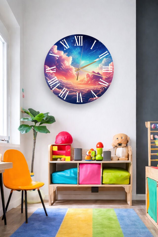 KIRILMAZ CAM DUVAR SAATİ, HEM TABLO HEM SAAT GÖKYÜZÜ BULUT GÜN BATIMI MANZARA EV OFİS HEDİYESİ